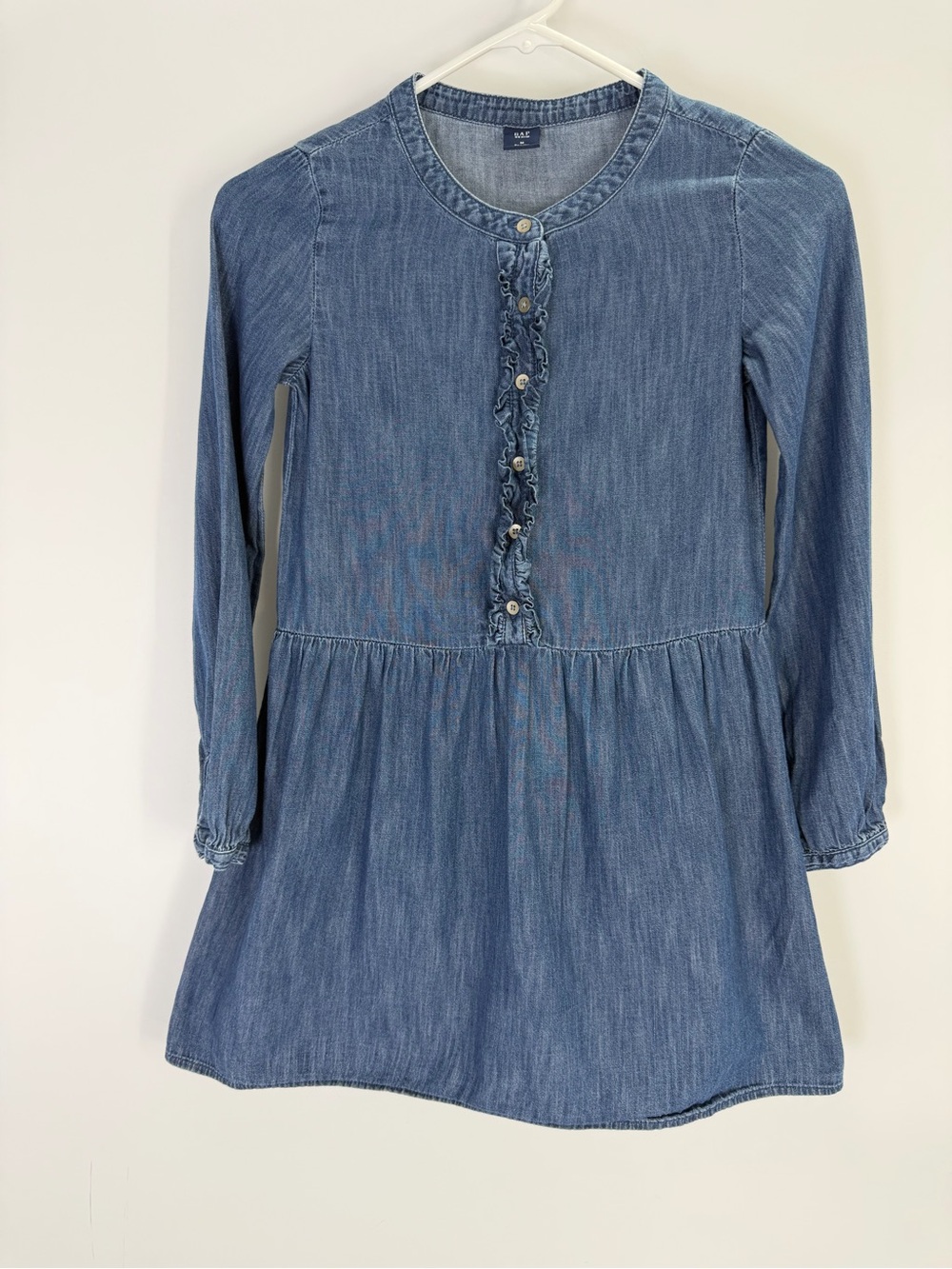 Gap Denim Kids Chambray Ruffle Drop Waist Long Sleeve Button Dress Size Medium